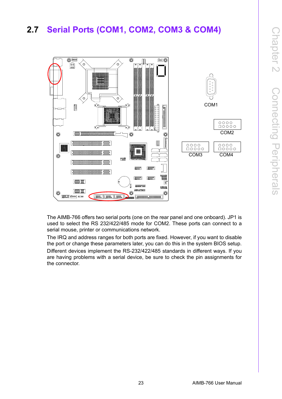 7 serial ports (com1, com2, com3 & com4), Serial ports (com1, com2, com3 & com4), Chapter 2 c onnecting peripherals | Advantech AIMB-766 User Manual | Page 35 / 118