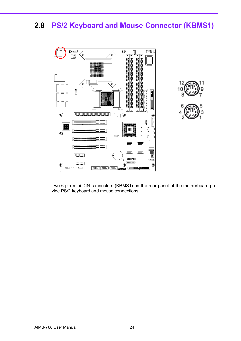 8 ps/2 keyboard and mouse connector (kbms1), Ps/2 keyboard and mouse connector (kbms1) | Advantech AIMB-766 User Manual | Page 36 / 118