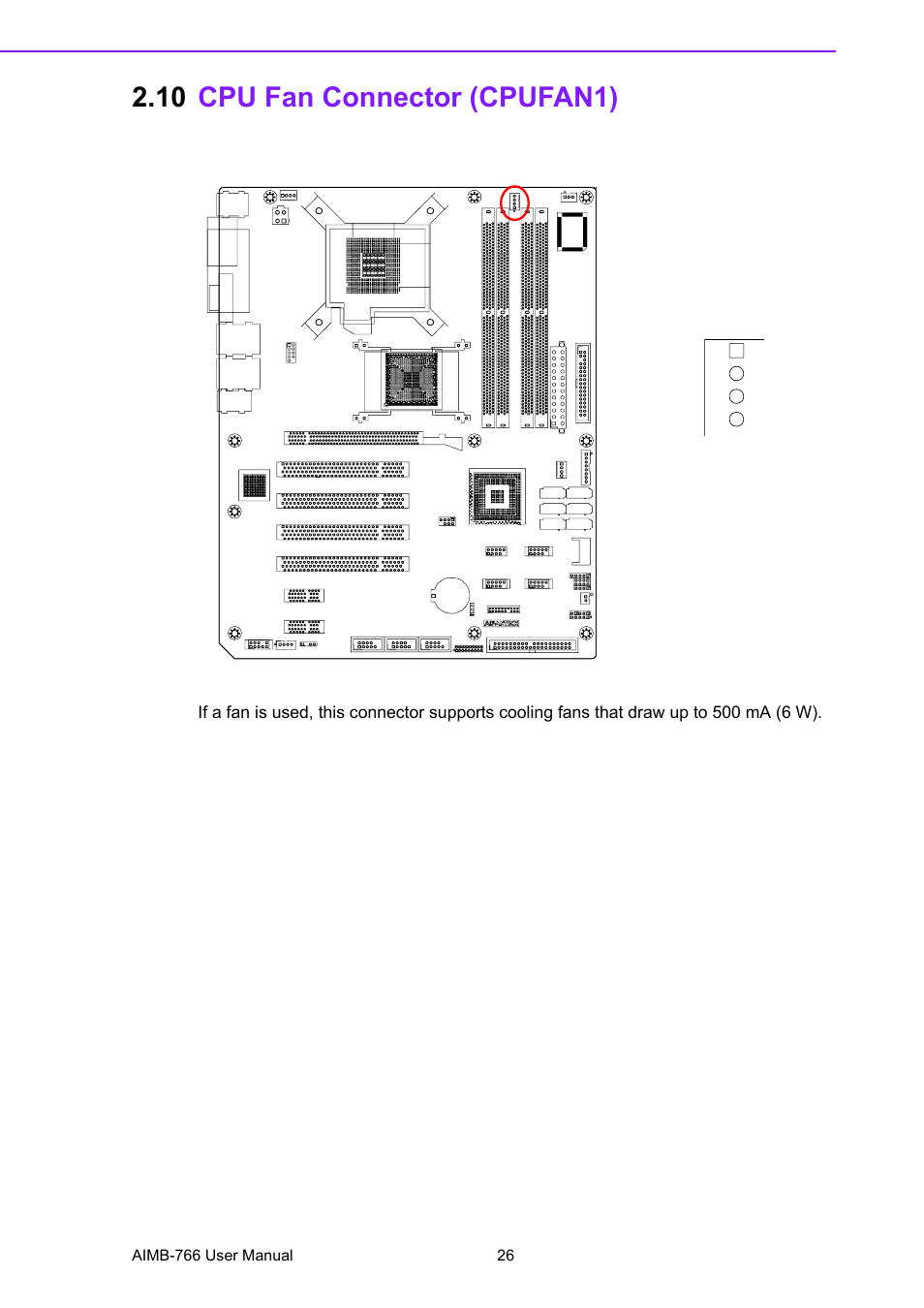 10 cpu fan connector (cpufan1), Cpu fan connector (cpufan1) | Advantech AIMB-766 User Manual | Page 38 / 118