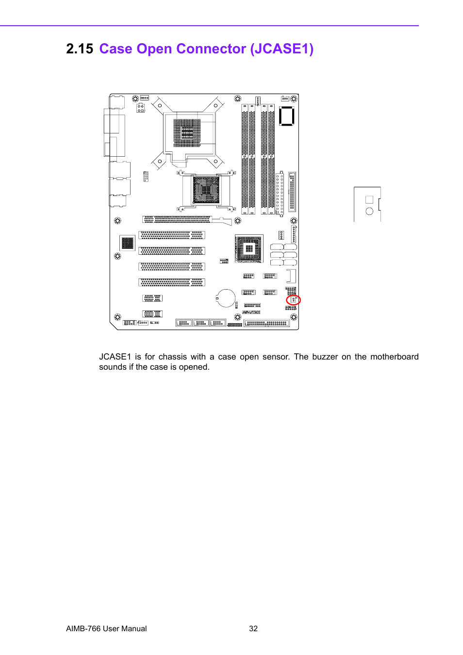 15 case open connector (jcase1), Case open connector (jcase1) | Advantech AIMB-766 User Manual | Page 44 / 118