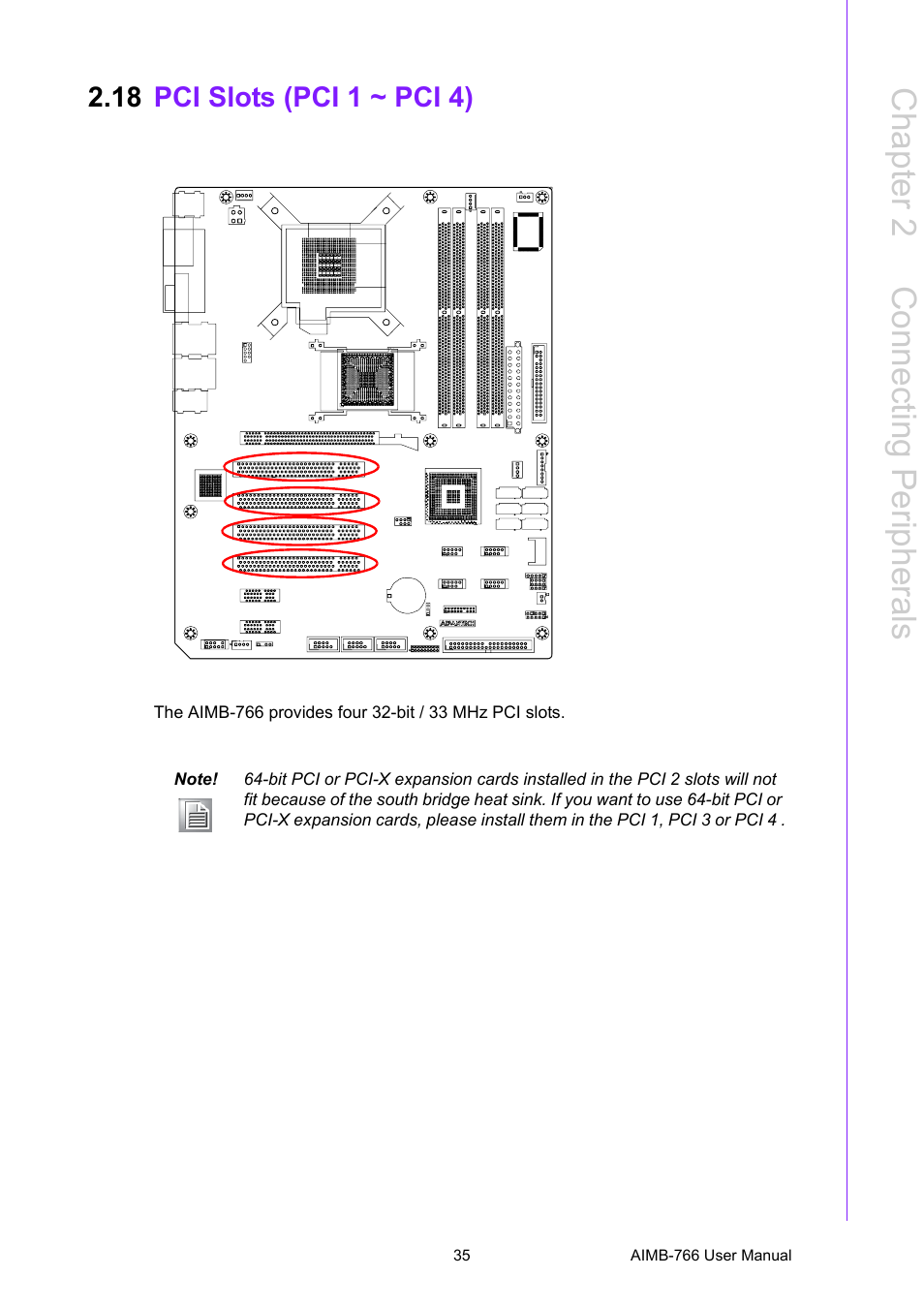 18 pci slots (pci 1 ~ pci 4), Pci slots (pci 1 ~ pci 4), Chapter 2 c onnecting peripherals | Advantech AIMB-766 User Manual | Page 47 / 118