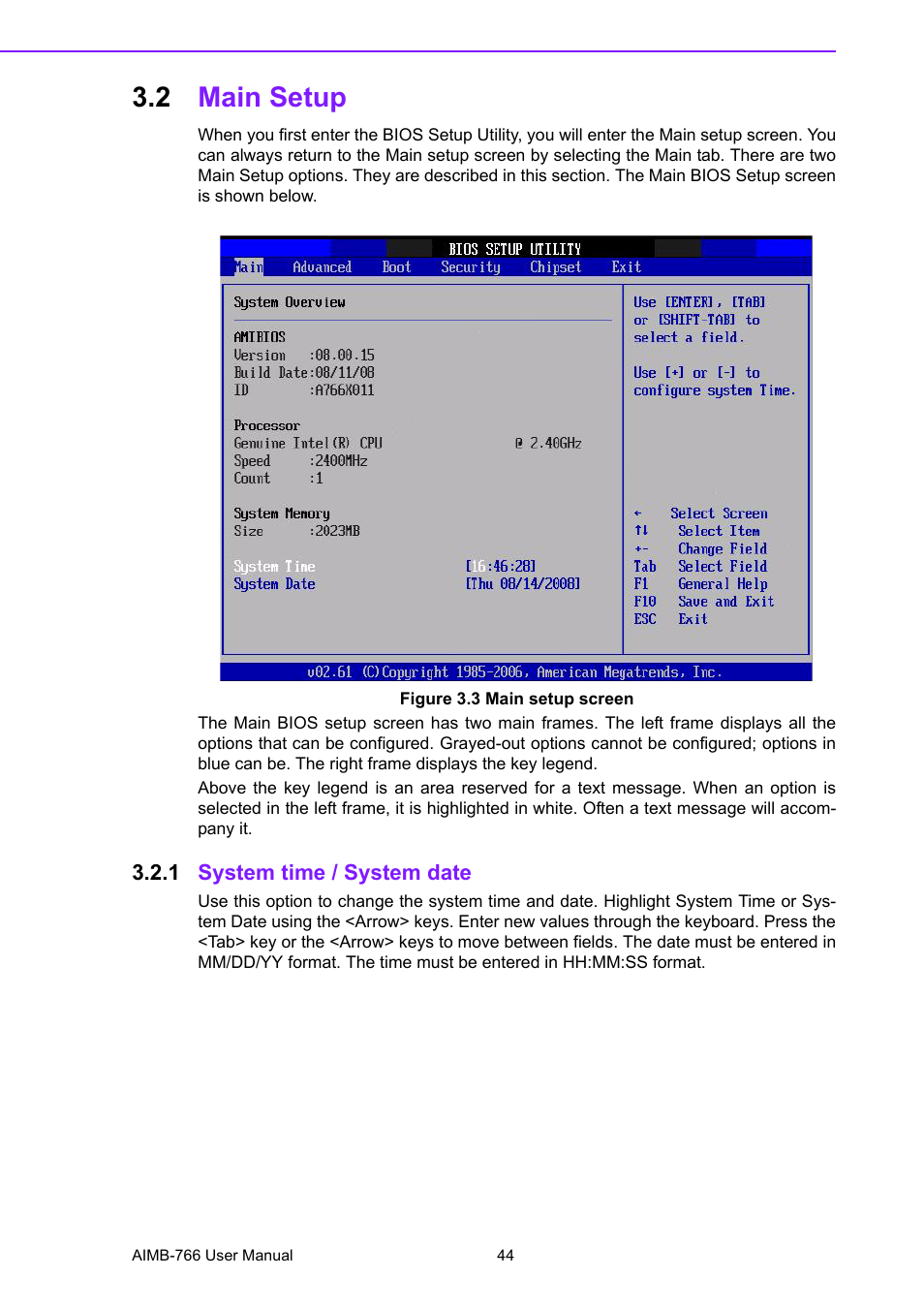 2 main setup, Figure 3.3 main setup screen, 1 system time / system date | Main setup, System time / system date | Advantech AIMB-766 User Manual | Page 56 / 118