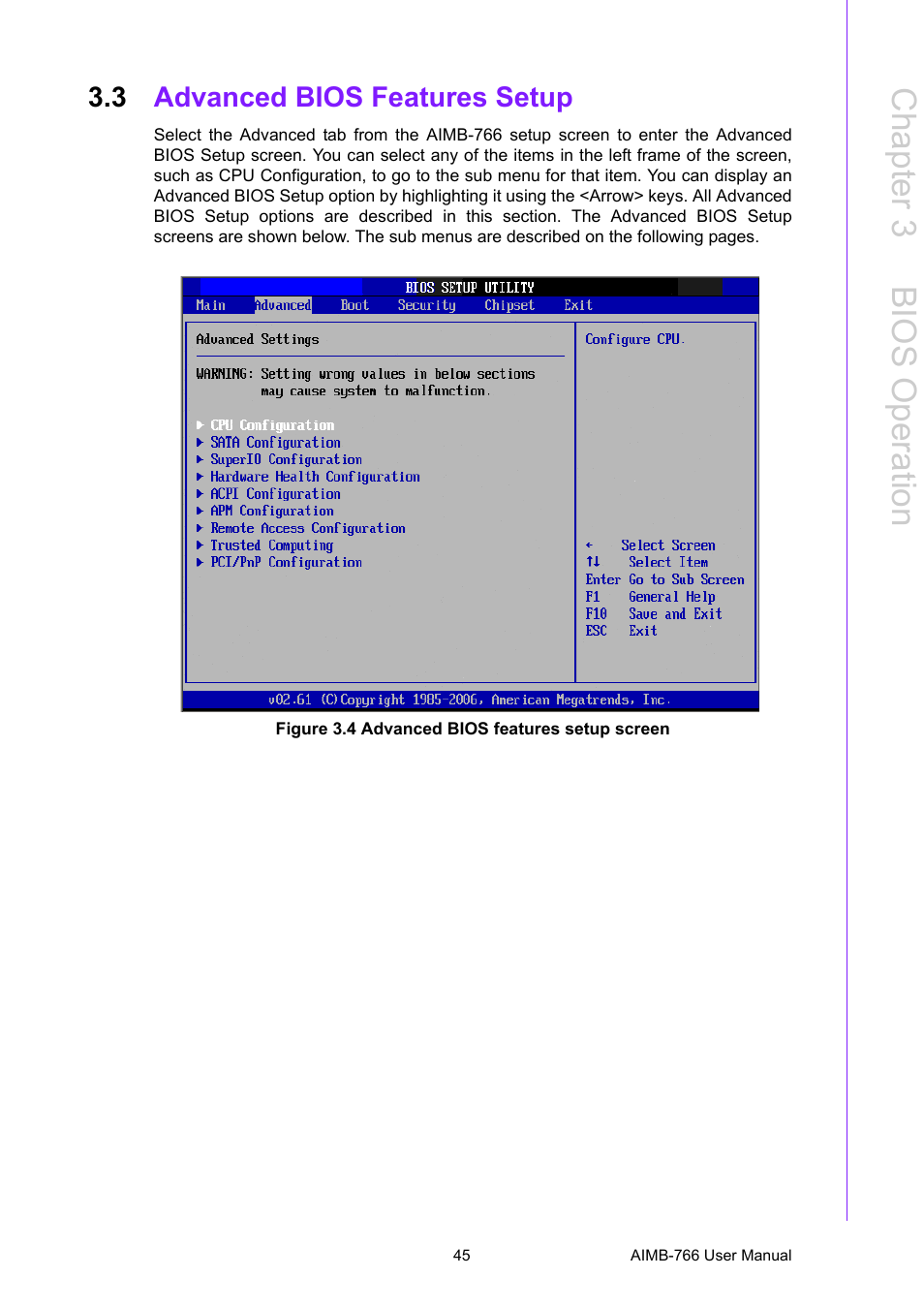 3 advanced bios features setup, Figure 3.4 advanced bios features setup screen, Advanced bios features setup | Chapter 3 b ios operation | Advantech AIMB-766 User Manual | Page 57 / 118