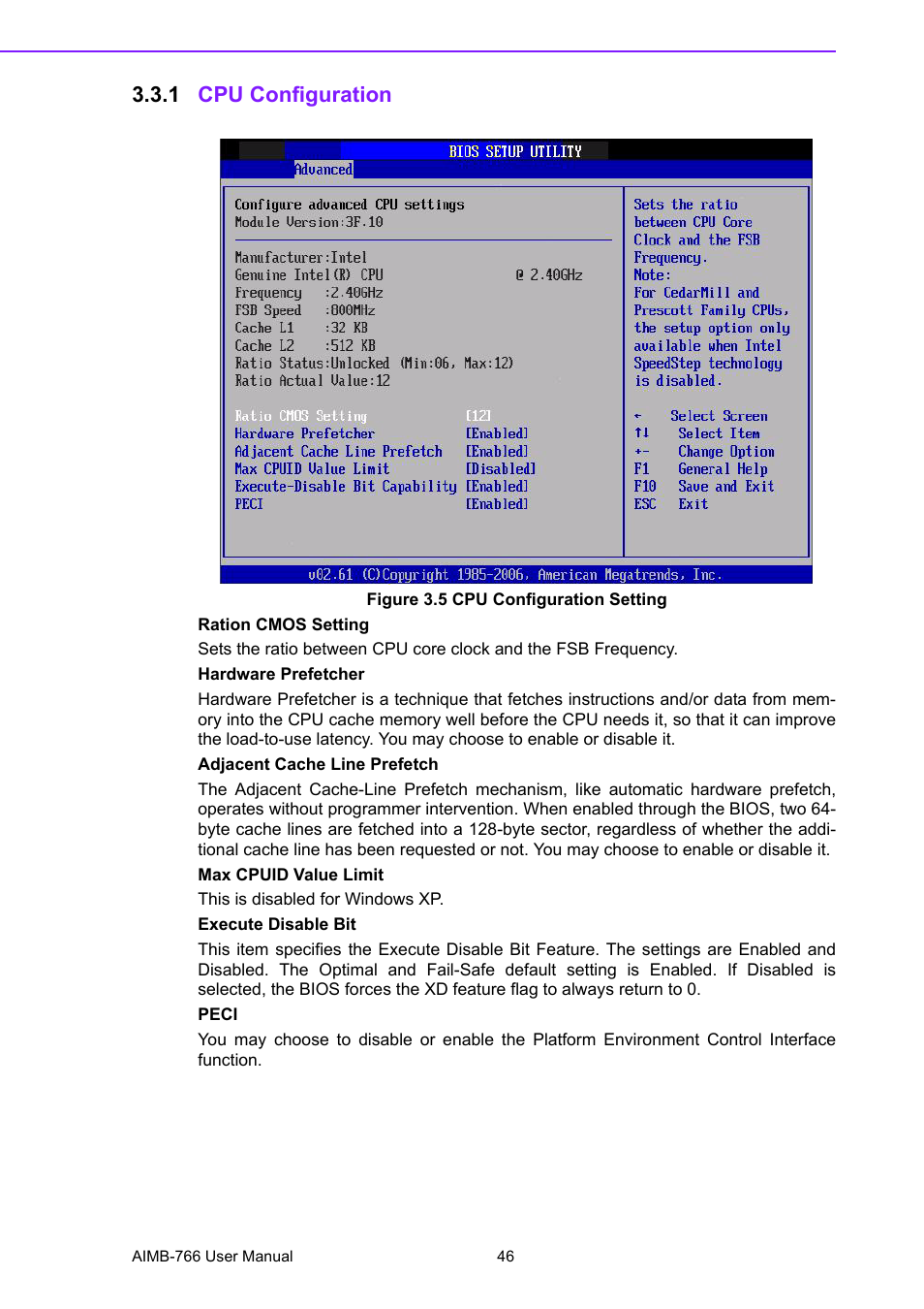 1 cpu configuration, Figure 3.5 cpu configuration setting | Advantech AIMB-766 User Manual | Page 58 / 118