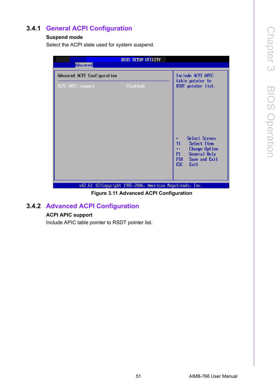 1 general acpi configuration, Figure 3.11 advanced acpi configuration, 2 advanced acpi configuration | Advanced acpi configuration, Chapter 3 b ios operation | Advantech AIMB-766 User Manual | Page 63 / 118