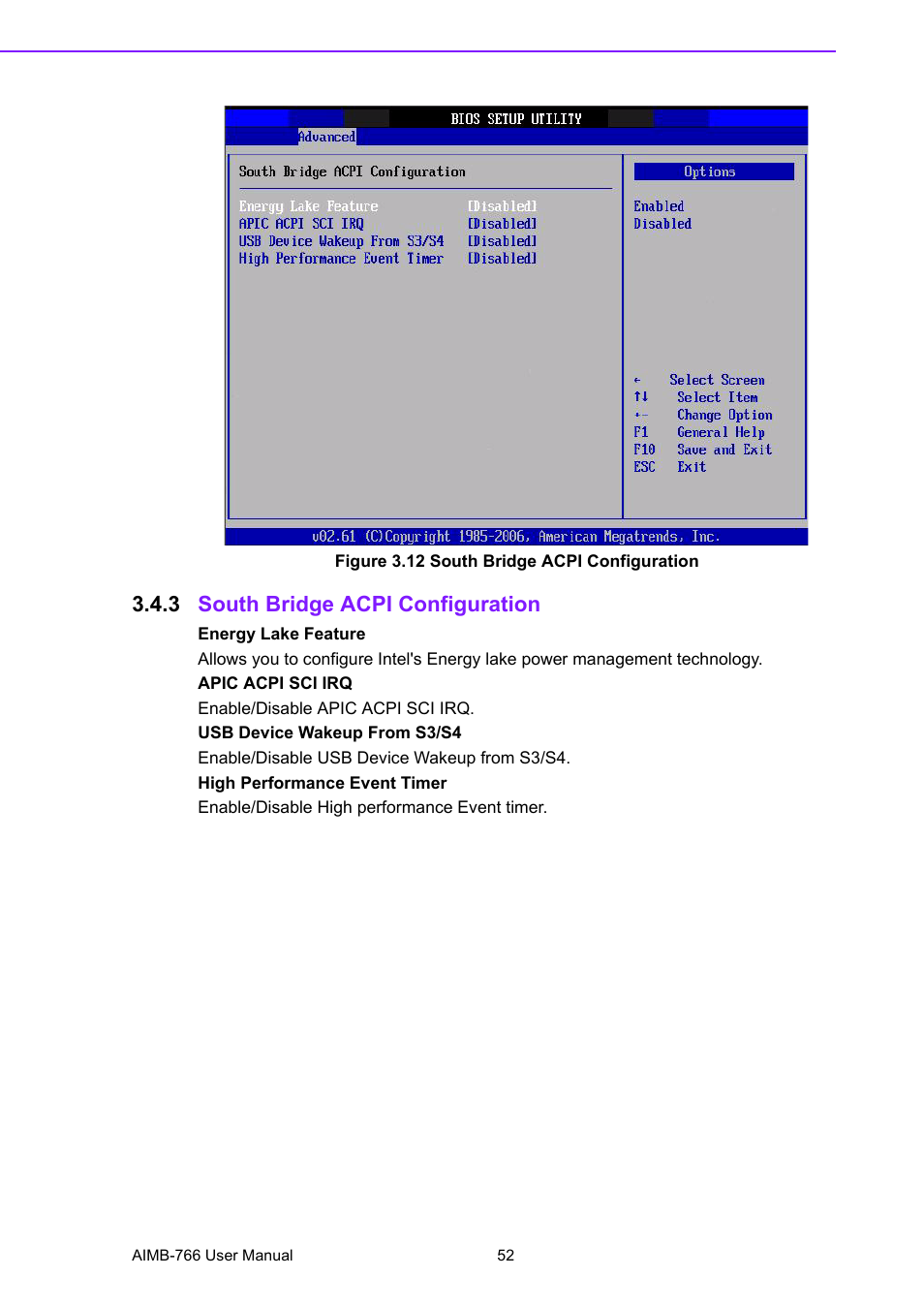 Figure 3.12 south bridge acpi configuration, 3 south bridge acpi configuration, Figure 3.12south bridge acpi configuration | South bridge acpi configuration | Advantech AIMB-766 User Manual | Page 64 / 118