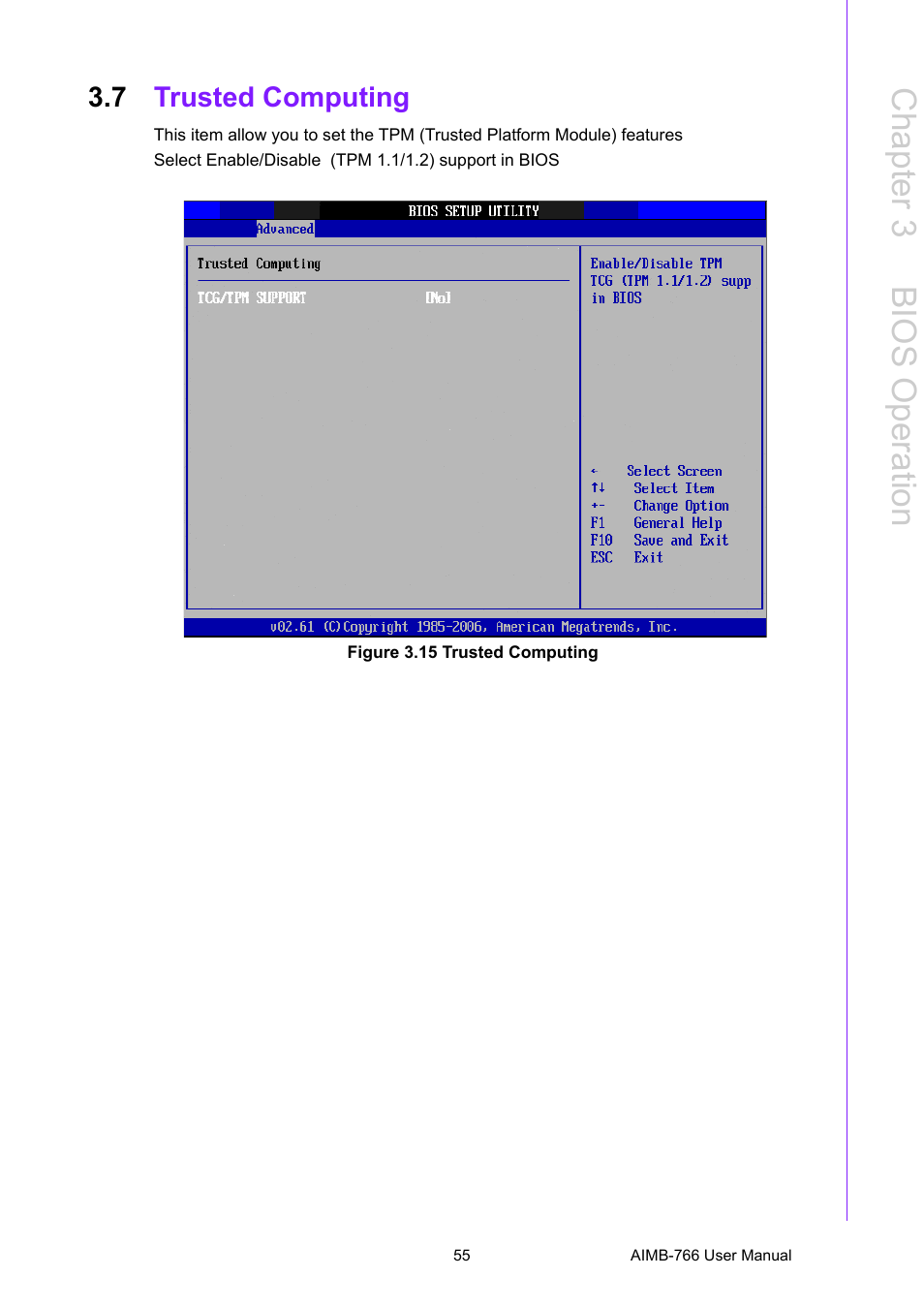 7 trusted computing, Figure 3.15 trusted computing, Trusted computing | Figure 3.15trusted computing, Chapter 3 b ios operation | Advantech AIMB-766 User Manual | Page 67 / 118