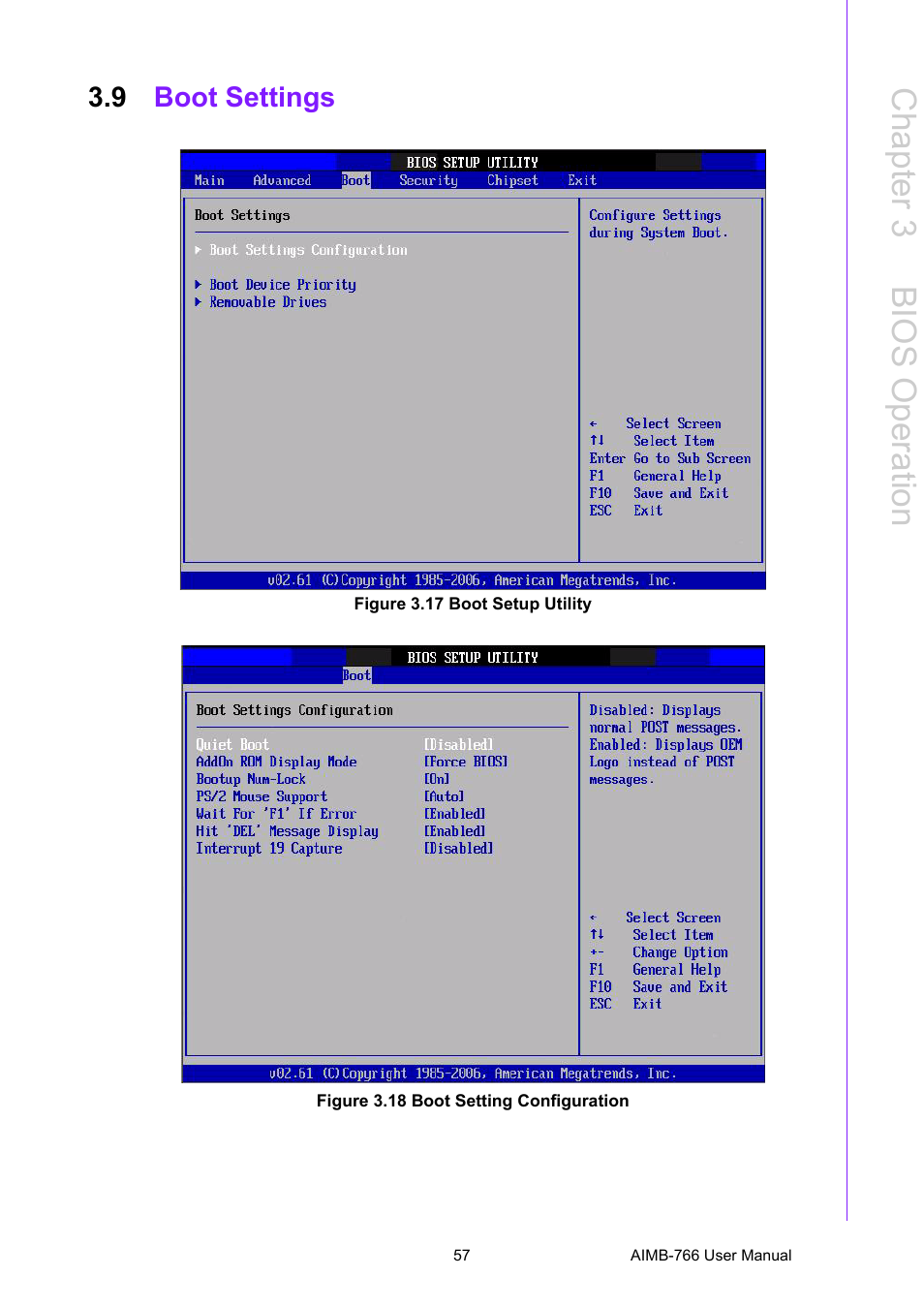 9 boot settings, Figure 3.17 boot setup utility, Figure 3.18 boot setting configuration | Boot settings, Chapter 3 b ios operation | Advantech AIMB-766 User Manual | Page 69 / 118