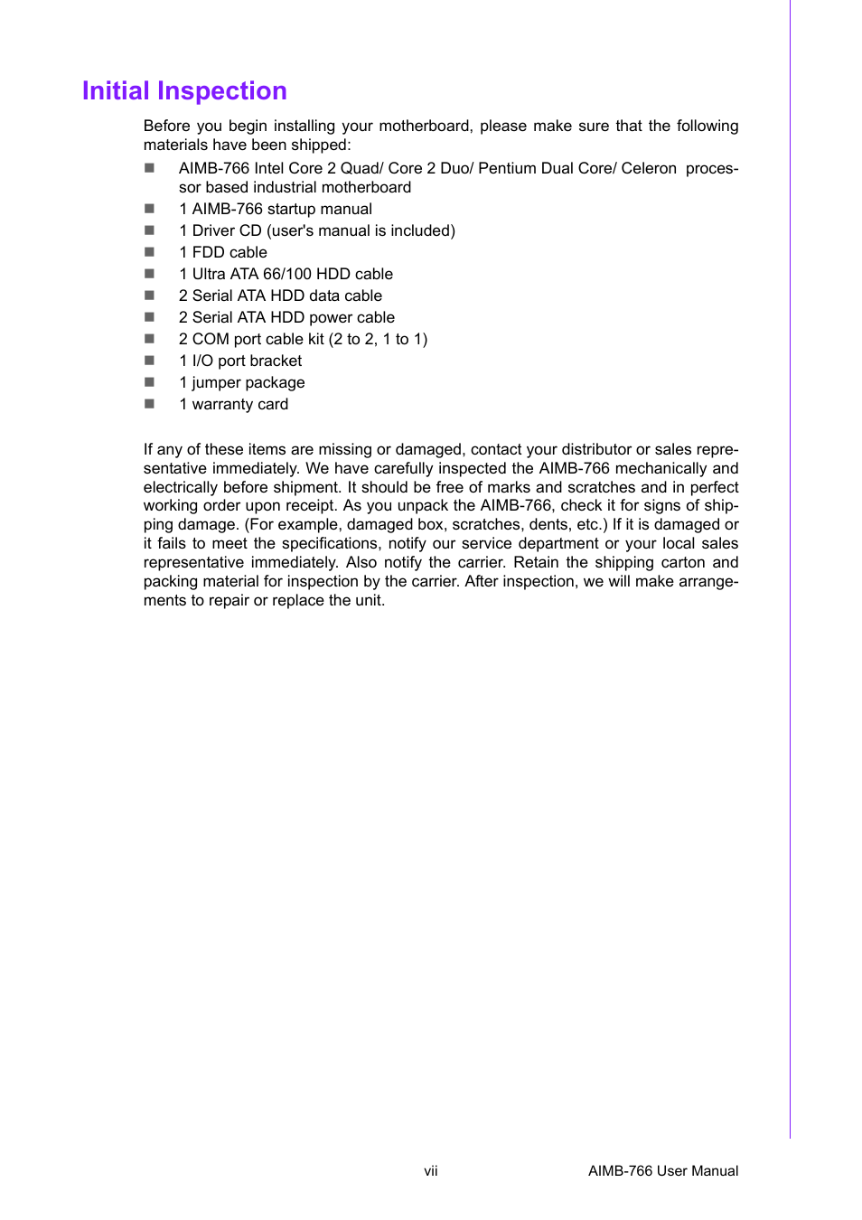 Initial inspection | Advantech AIMB-766 User Manual | Page 7 / 118