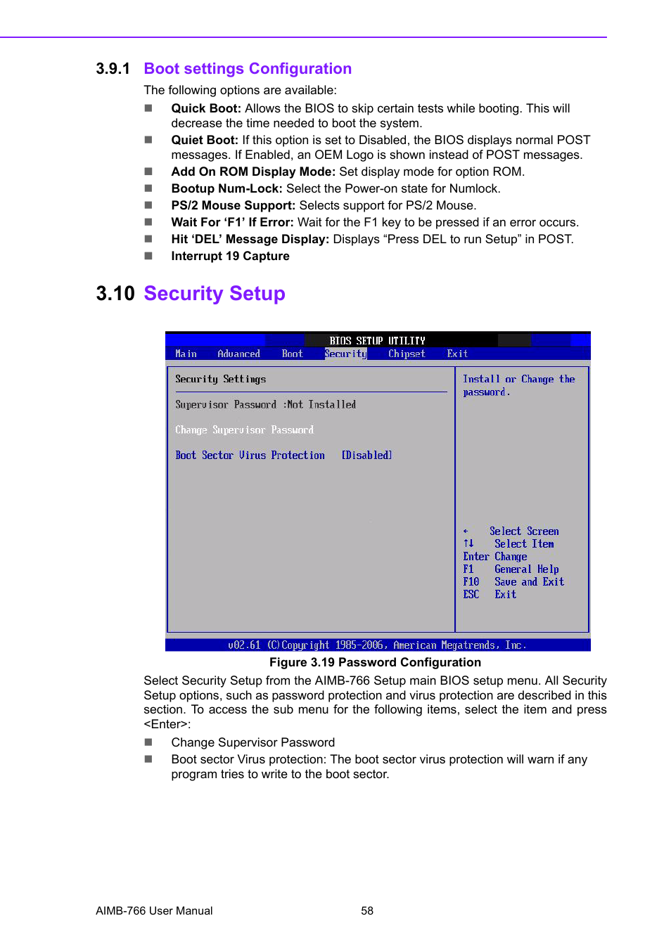 1 boot settings configuration, 10 security setup, Figure 3.19 password configuration | Boot settings configuration, Security setup, Figure 3.19password configuration | Advantech AIMB-766 User Manual | Page 70 / 118