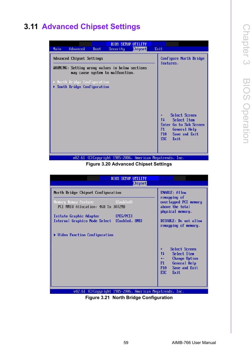 11 advanced chipset settings, Figure 3.20 advanced chipset settings, Figure 3.21 north bridge configuration | Advanced chipset settings, Chapter 3 b ios operation | Advantech AIMB-766 User Manual | Page 71 / 118