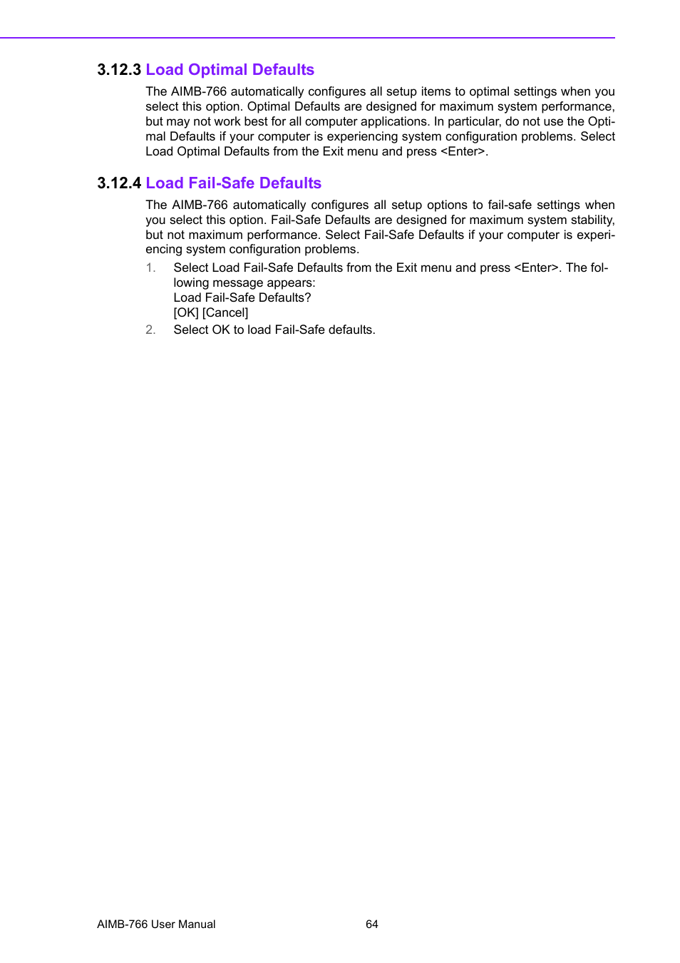 3 load optimal defaults, 4 load fail-safe defaults | Advantech AIMB-766 User Manual | Page 76 / 118