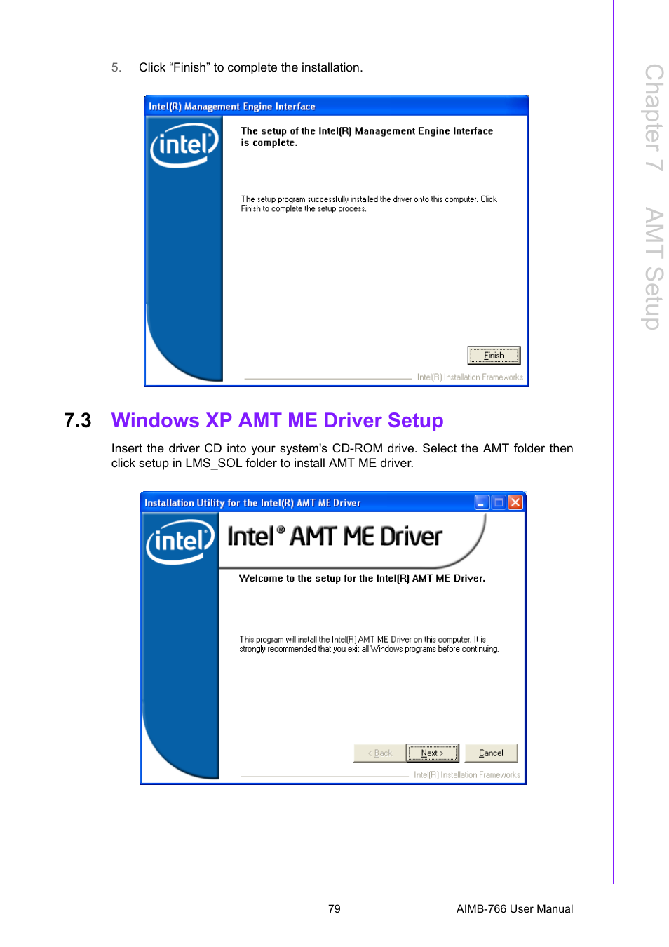 3 windows xp amt me driver setup, Windows xp amt me driver setup, Chapter 7 a mt setup | Advantech AIMB-766 User Manual | Page 91 / 118