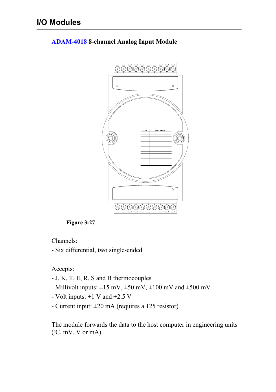 I/o modules, C, mv, v or ma), Adam-4018 | Advantech Data Acquisition Modules ADAM 4000 User Manual | Page 59 / 429