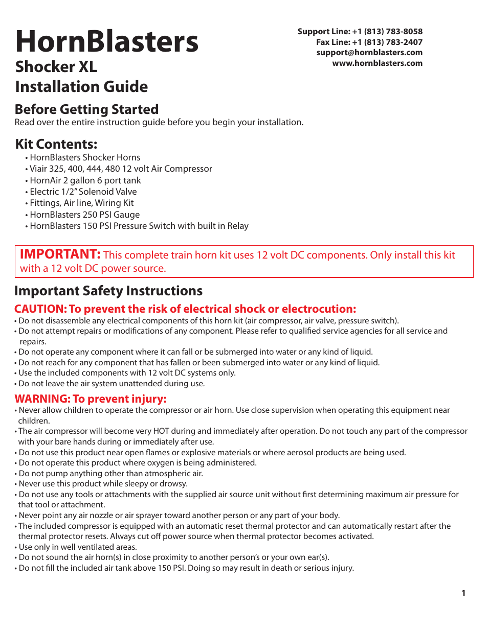 Shocker_240xl_color_pg1, Hornblasters, Shocker xl installation guide | Kit contents, Important, Before getting started, Important safety instructions | HornBlasters Shocker 200 Series User Manual | Page 2 / 9