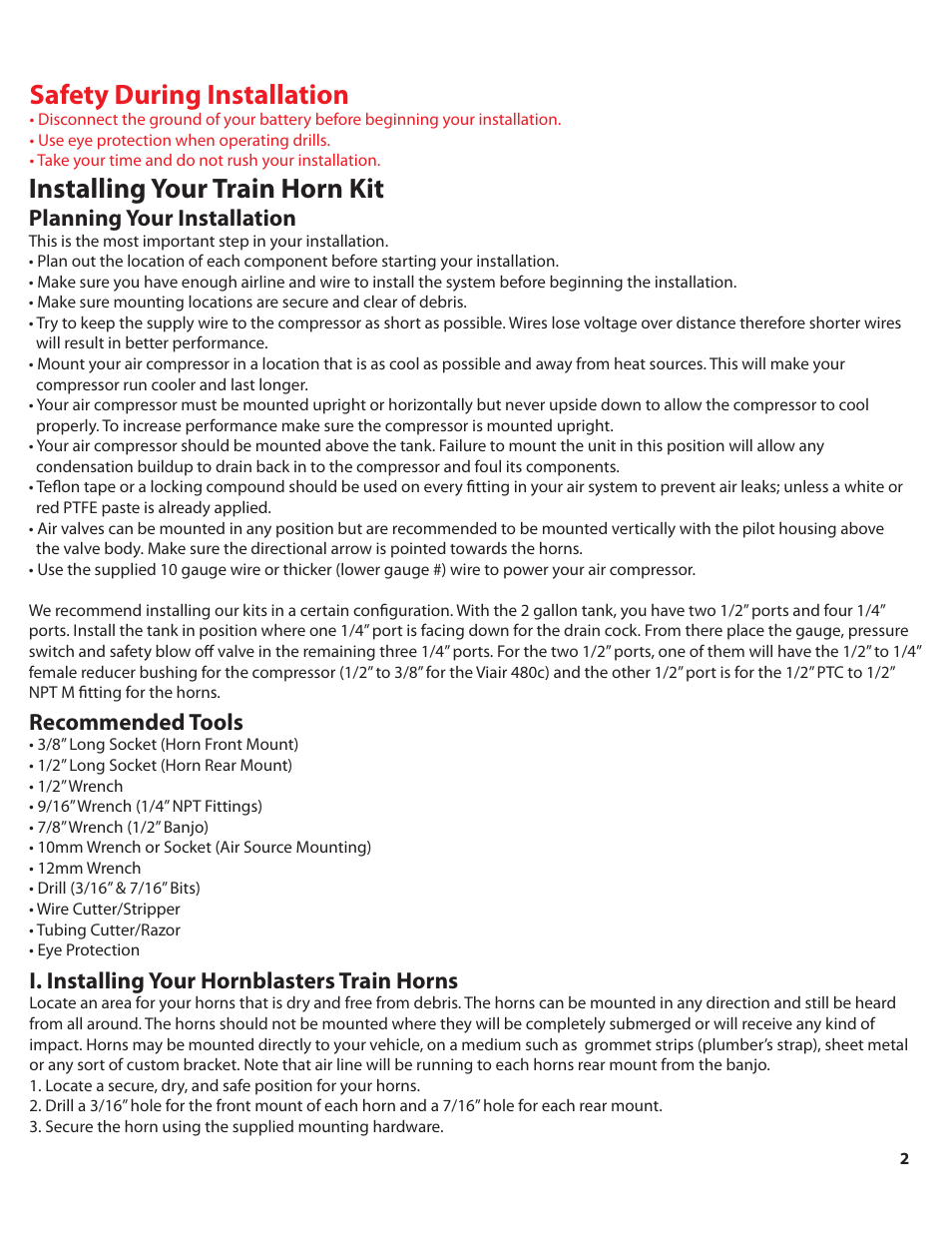 Shocker_240xl_color_pg2, Safety during installation, Installing your train horn kit | Planning your installation, Recommended tools, I. installing your hornblasters train horns | HornBlasters Shocker 200 Series User Manual | Page 3 / 9