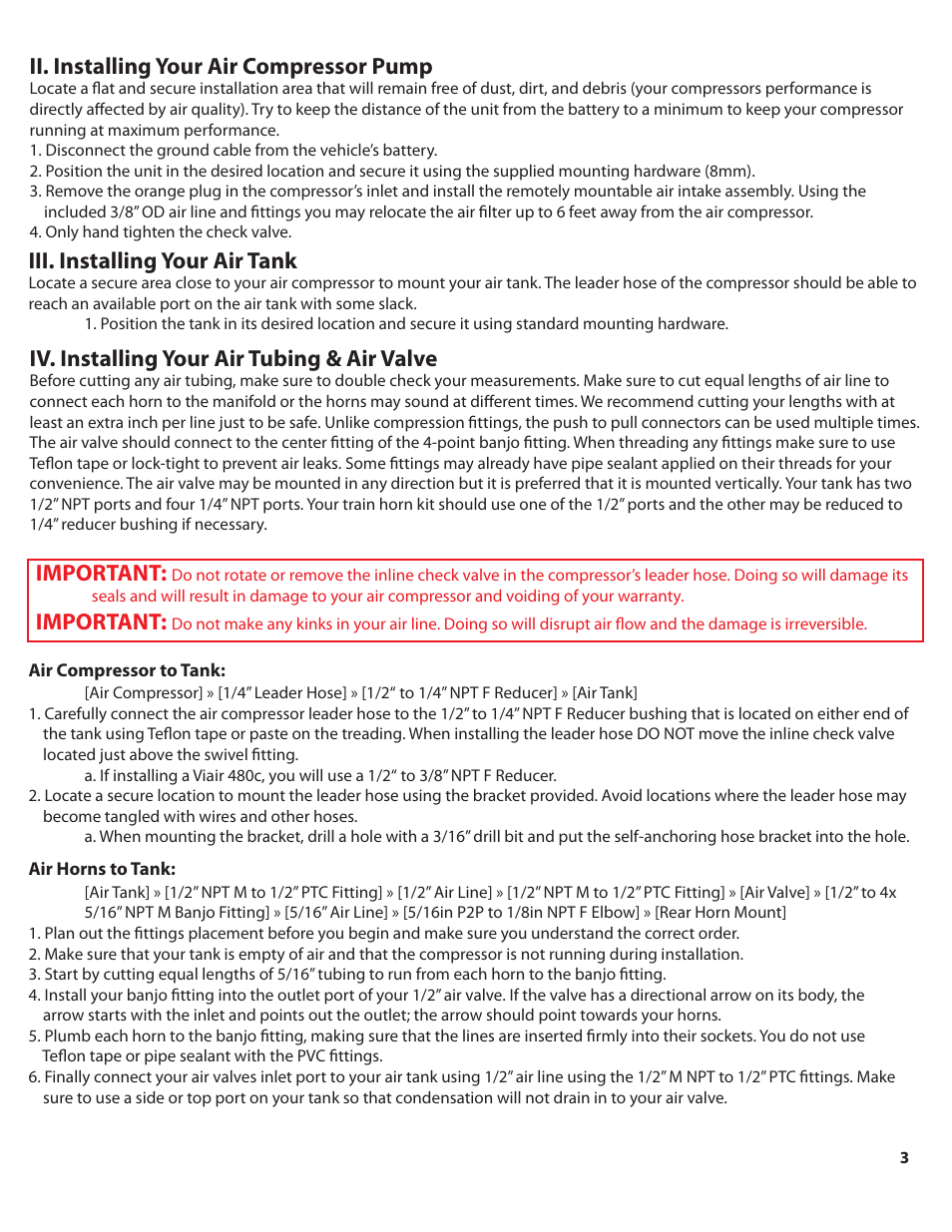 Shocker_240xl_color_pg3, Ii. installing your air compressor pump, Iv. installing your air tubing & air valve | Iii. installing your air tank, Important | HornBlasters Shocker 200 Series User Manual | Page 4 / 9