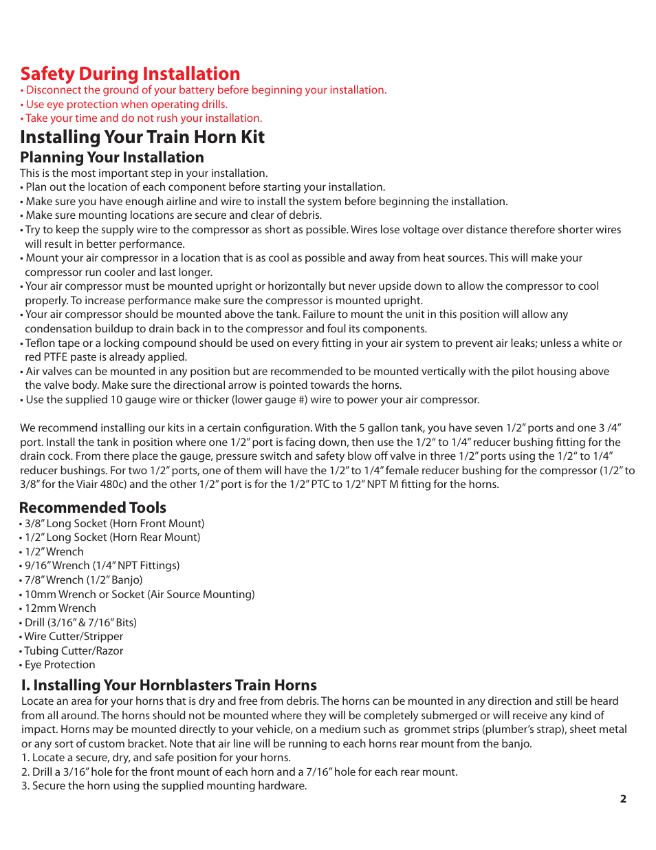 Shocker_540xl_color_pg2, Safety during installation, Installing your train horn kit | Planning your installation, Recommended tools, I. installing your hornblasters train horns | HornBlasters Shocker 500 Series User Manual | Page 3 / 9