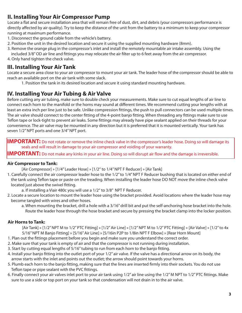 Shocker_540xl_color_pg3, Ii. installing your air compressor pump, Iv. installing your air tubing & air valve | Iii. installing your air tank, Important | HornBlasters Shocker 500 Series User Manual | Page 4 / 9