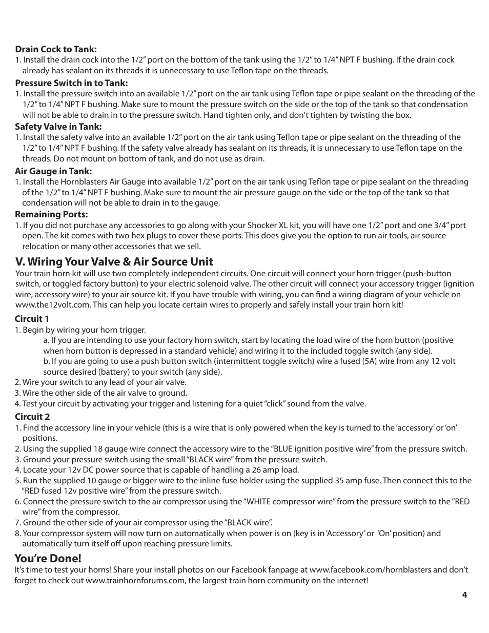 Shocker_540xl_color_pg4, V. wiring your valve & air source unit, You’re done | HornBlasters Shocker 500 Series User Manual | Page 5 / 9