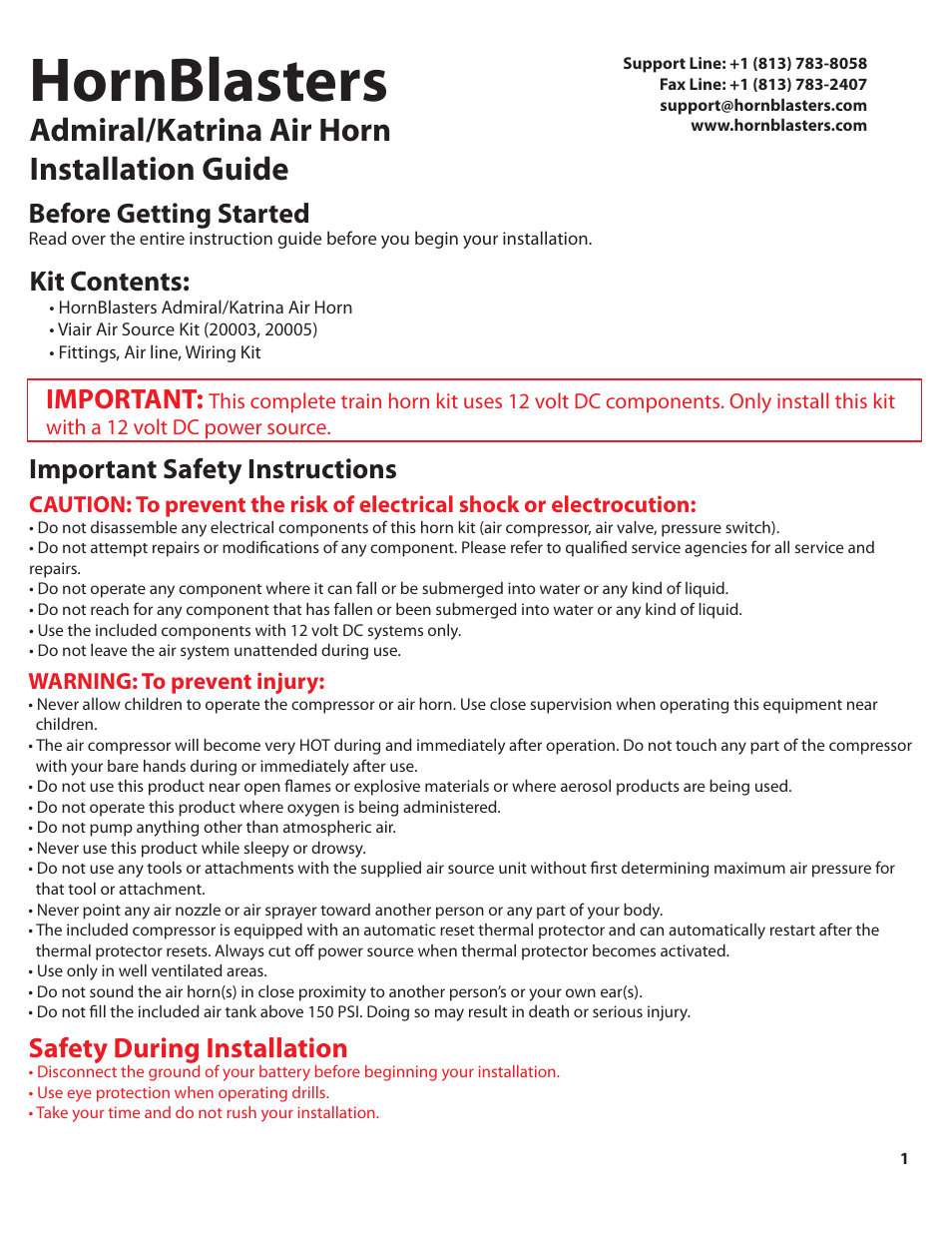 Katrina_228_color_pg1, Hornblasters, Admiral/katrina air horn installation guide | Kit contents, Important, Before getting started, Important safety instructions, Safety during installation | HornBlasters Admiral/Katrina VX Series User Manual | Page 2 / 8