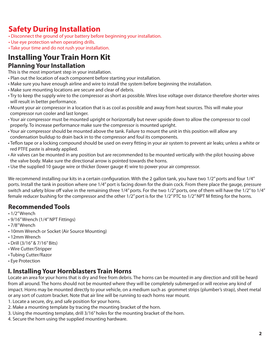 Katrina_240_color_pg2, Safety during installation, Installing your train horn kit | Planning your installation, Recommended tools, I. installing your hornblasters train horns | HornBlasters Admiral/Katrina 200 Series User Manual | Page 3 / 9