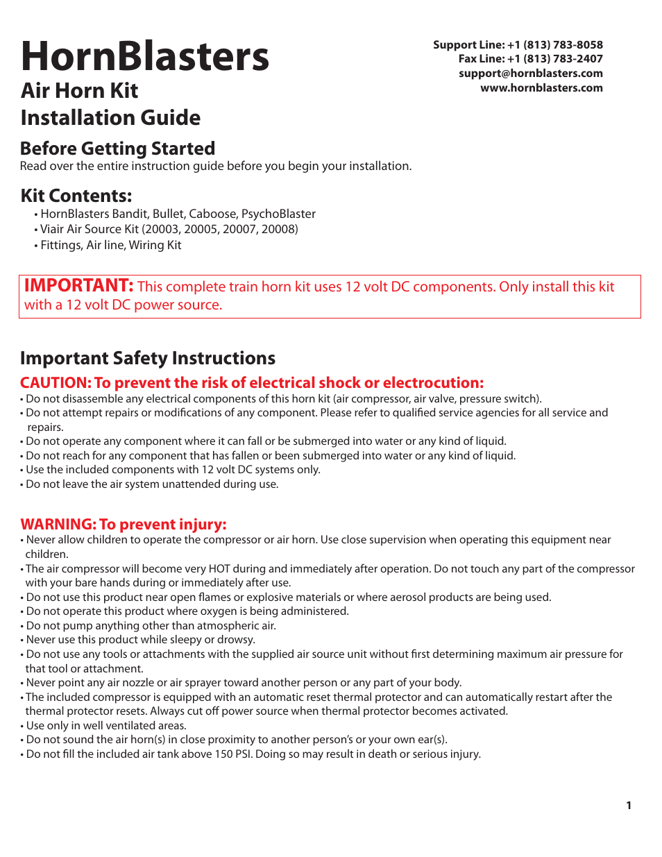 Airhorn_color_pg1, Hornblasters, Air horn kit installation guide | Kit contents, Important, Before getting started, Important safety instructions | HornBlasters VX Bandit User Manual | Page 2 / 8