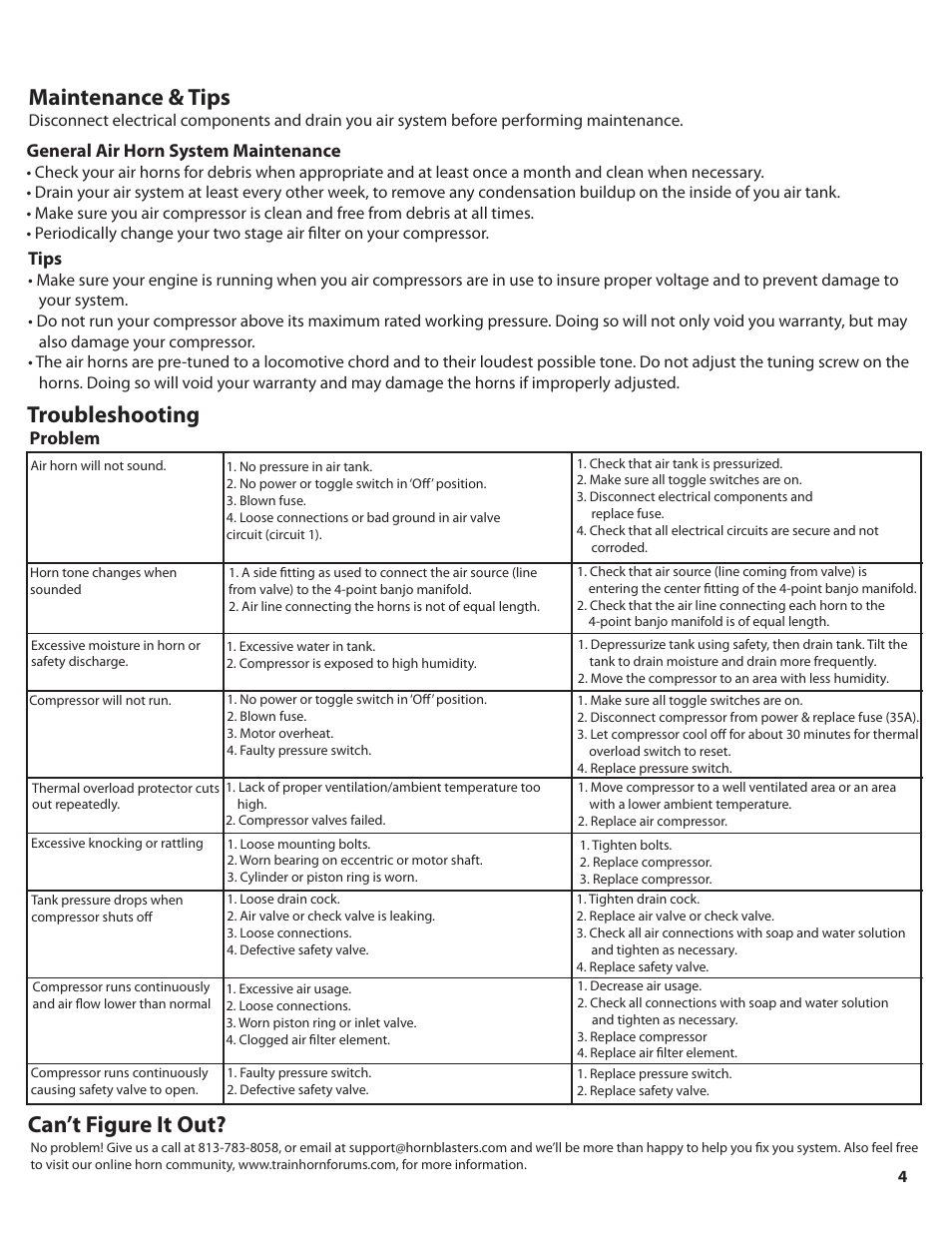 Airhorn_pg4, Maintenance & tips, Troubleshooting | Can’t figure it out | HornBlasters VX Bandit User Manual | Page 5 / 8