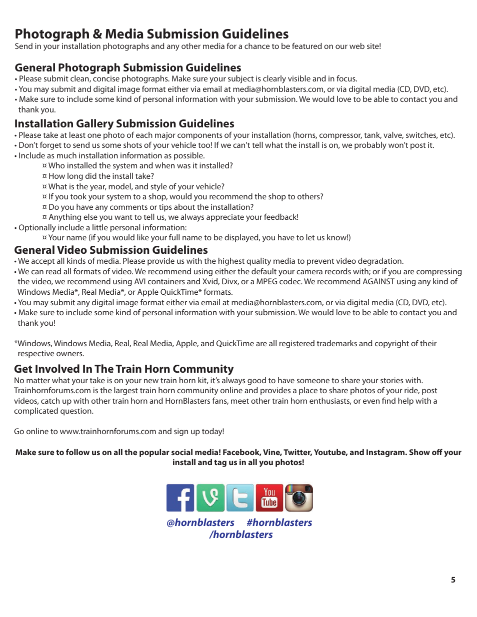 Airhorn_color_pg5, Photograph & media submission guidelines, General photograph submission guidelines | Installation gallery submission guidelines, General video submission guidelines, Get involved in the train horn community | HornBlasters VX Bandit User Manual | Page 6 / 8