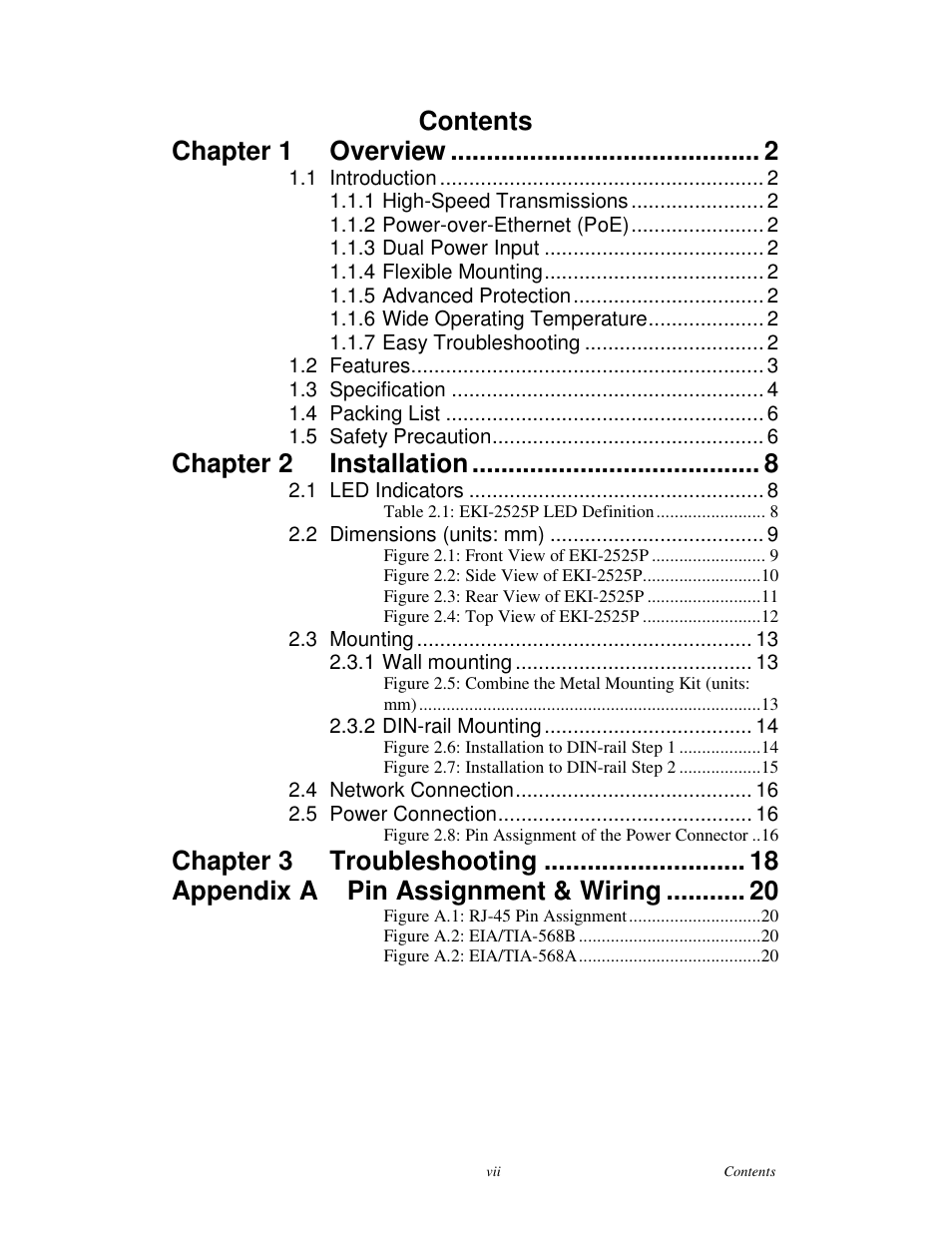 Contents chapter 1, Overview, Chapter 2 | Installation, Chapter 3, Troubleshooting, Appendix a pin assignment & wiring | Advantech EKI-2525P User Manual | Page 7 / 28