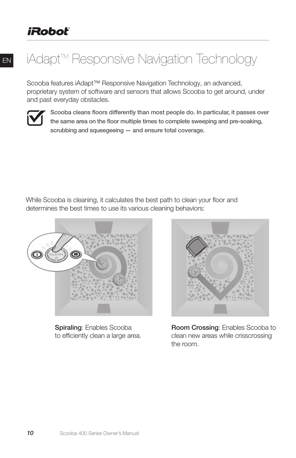 Iadapt, Responsive navigation technology | iRobot Scooba 400 Series User Manual | Page 10 / 32