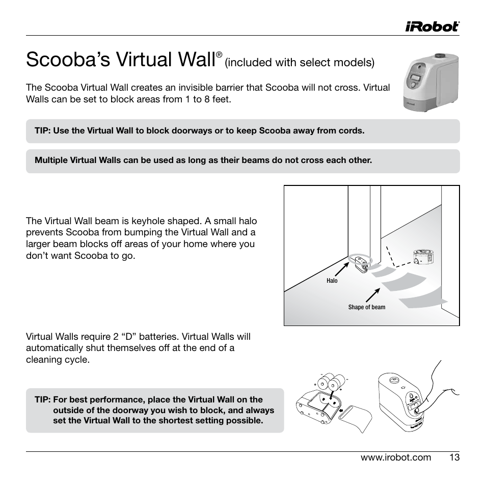 Scooba’s virtual wall, Included with select models) | iRobot Scooba 200 Series User Manual | Page 13 / 17