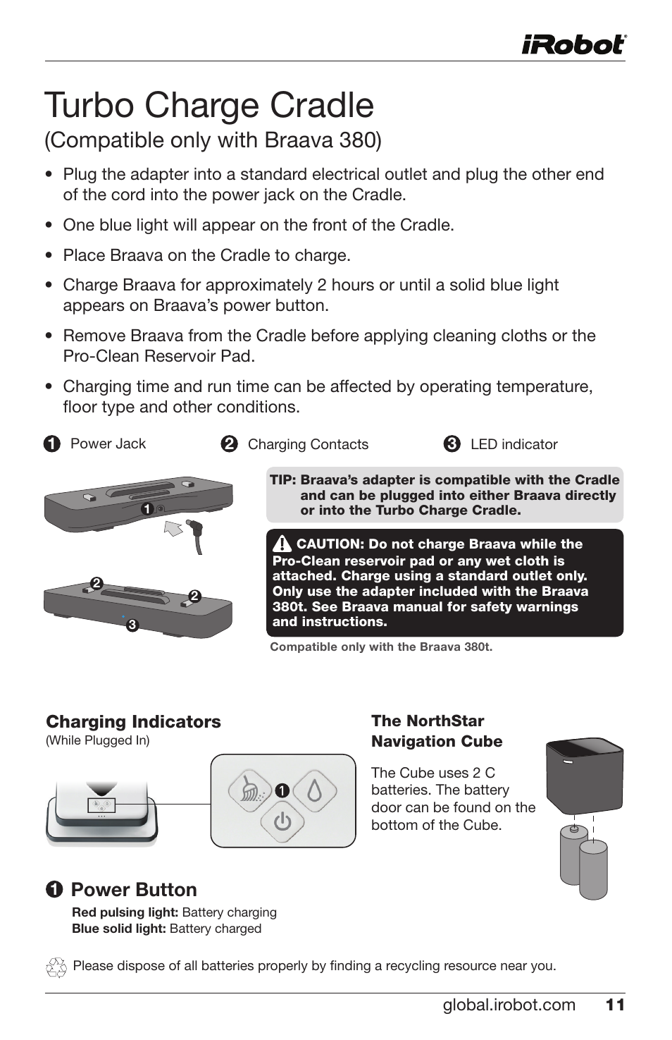Turbo charge cradle, Compatible only with braava 380), Power button | iRobot Braava 300 Series User Manual | Page 11 / 28