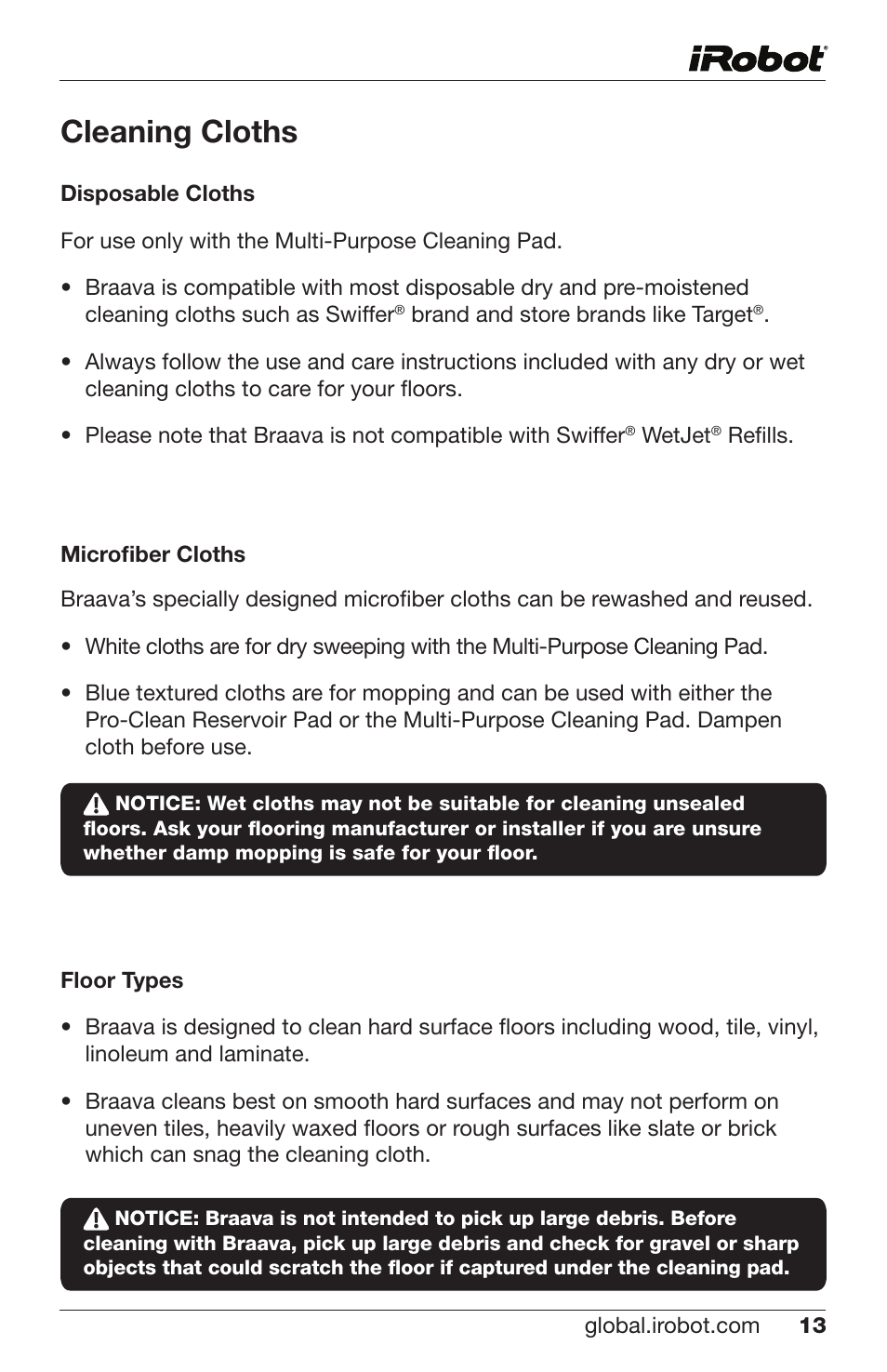 Cleaning cloths | iRobot Braava 300 Series User Manual | Page 13 / 28