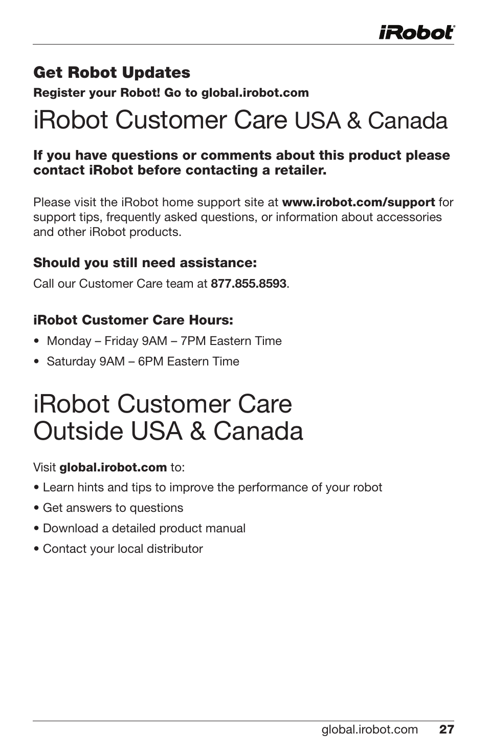 Irobot customer care, Irobot customer care outside usa & canada, Usa & canada | iRobot Braava 300 Series User Manual | Page 27 / 28