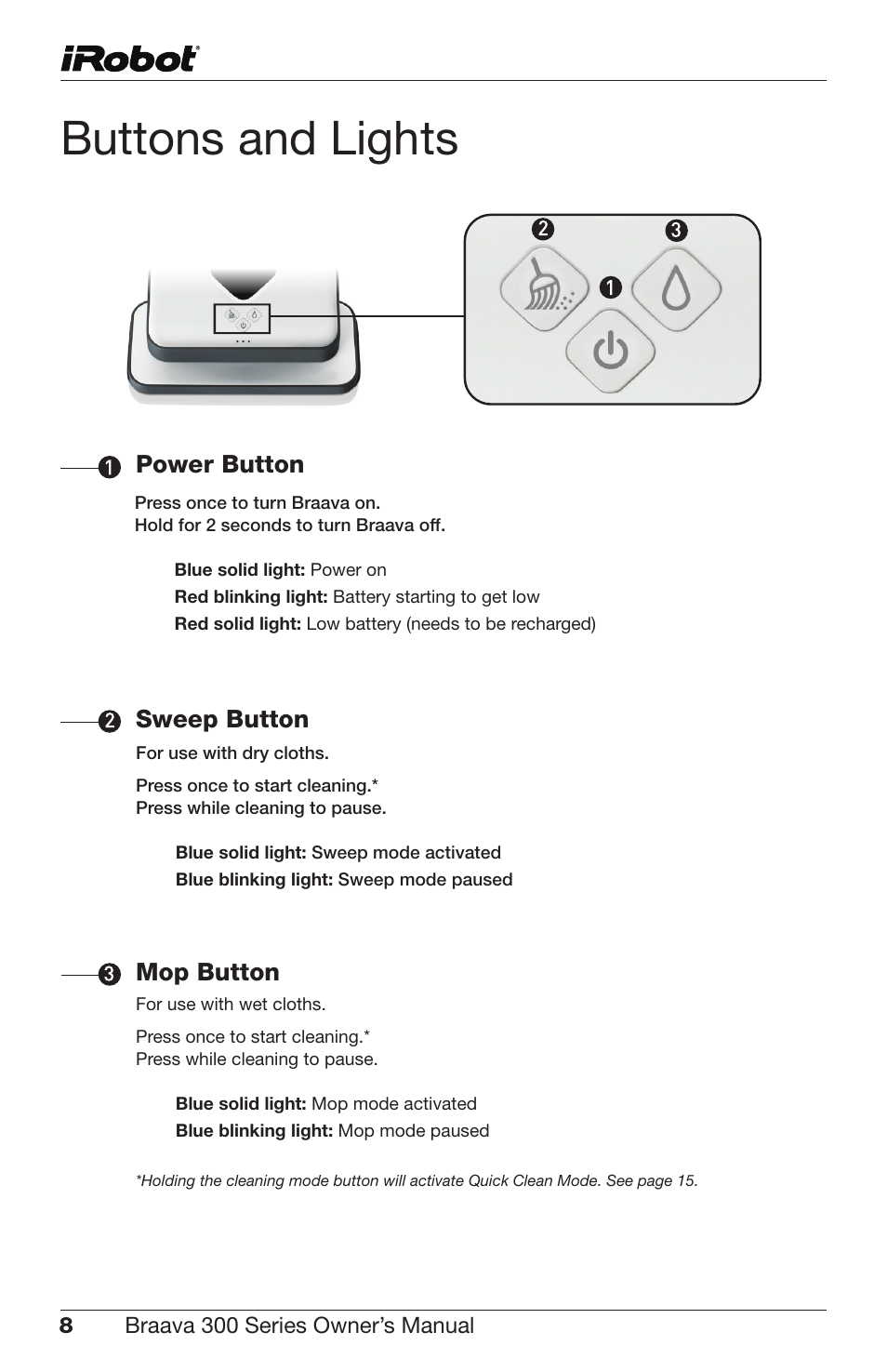 Buttons and lights, Power button, Mop button sweep button | iRobot Braava 300 Series User Manual | Page 8 / 28