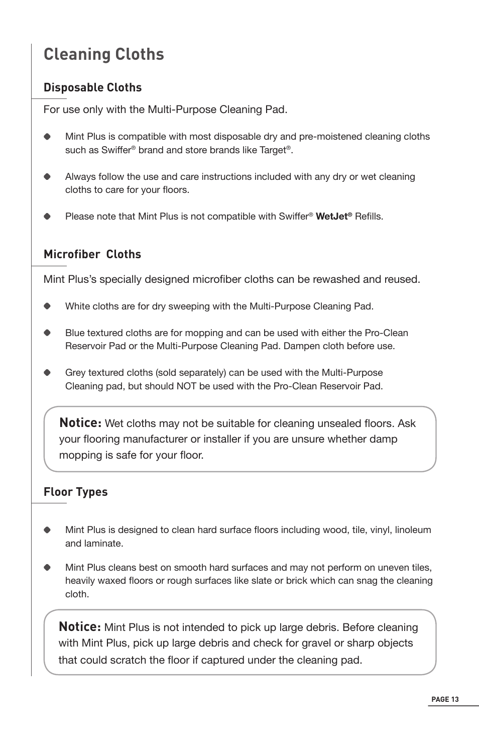 Cleaning cloths, Notice, Disposable cloths | Microfiber cloths, Floor types | iRobot Mint 5200 User Manual | Page 13 / 40