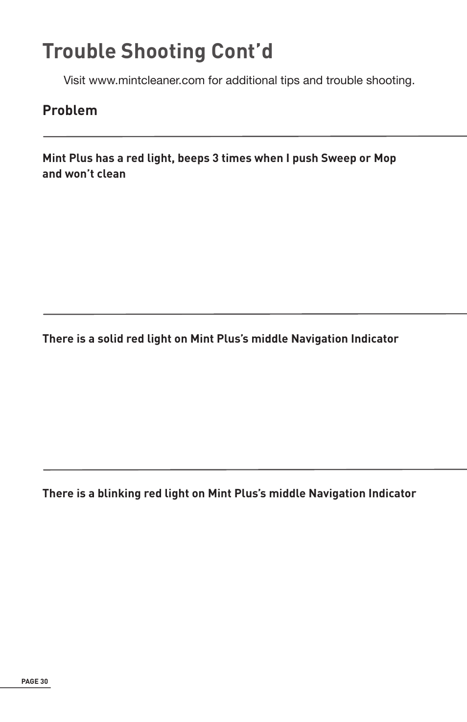 Trouble shooting cont’d | iRobot Mint 5200 User Manual | Page 30 / 40