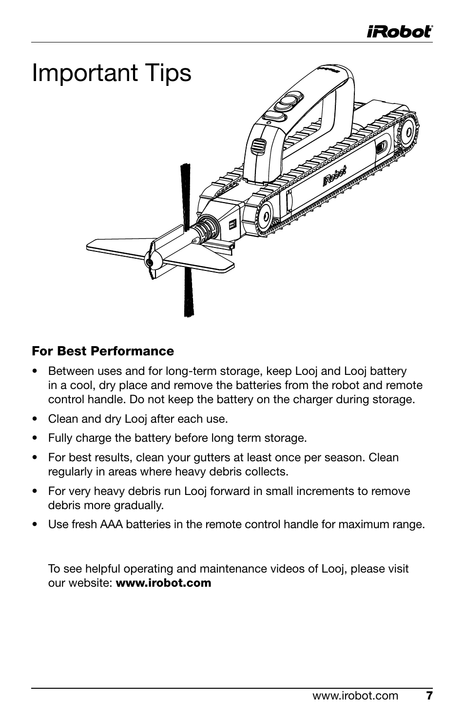 Important tips | iRobot Looj 330 User Manual | Page 7 / 28