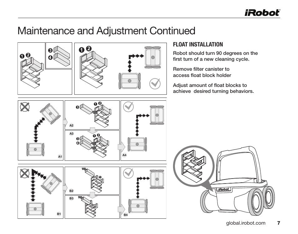 Maintenance and adjustment continued, Float installation | iRobot Mirra 530 User Manual | Page 7 / 16