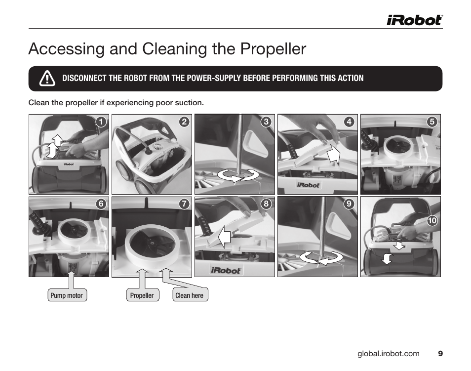 Accessing and cleaning the propeller | iRobot Mirra 530 User Manual | Page 9 / 16