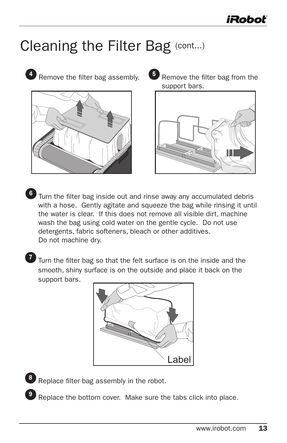 Cleaning the filter bag, Label | iRobot Verro 600 User Manual | Page 13 / 25