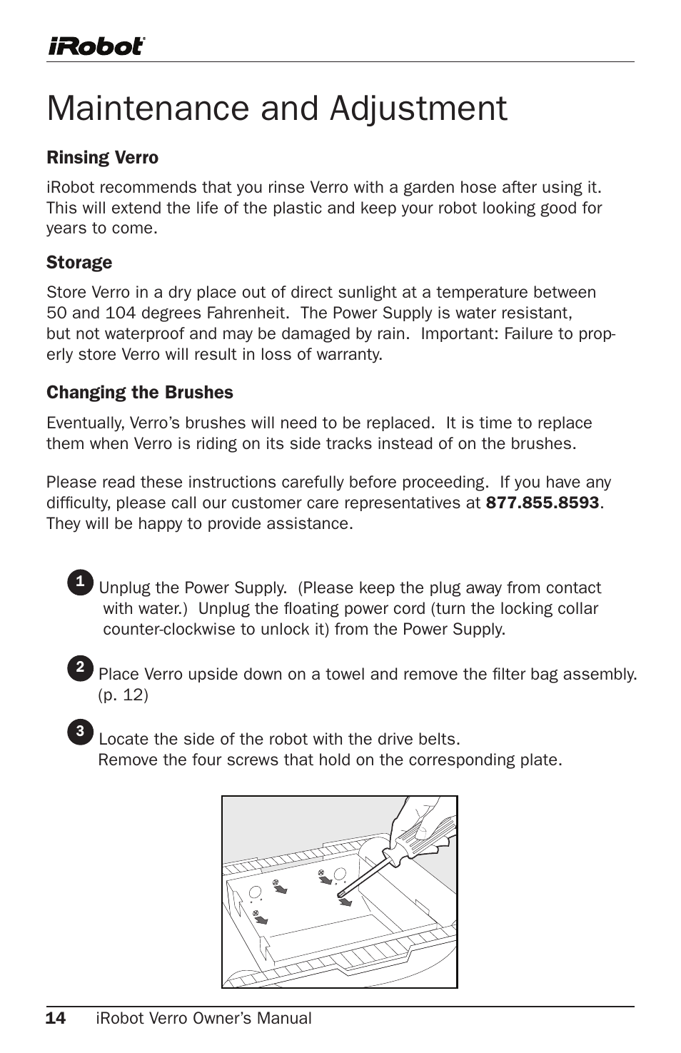 Maintenance and adjustment | iRobot Verro 600 User Manual | Page 14 / 25