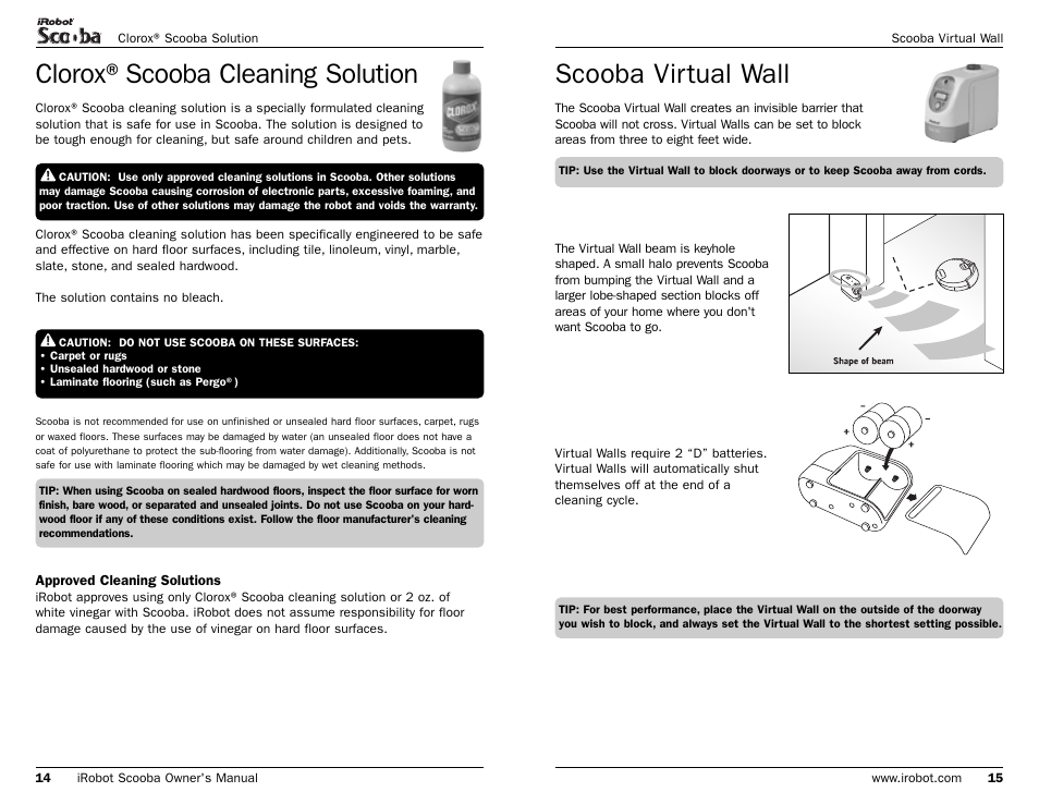 Scooba virtual wall, Clorox®scooba cleaning solution | iRobot Scooba 390 Series User Manual | Page 23 / 28