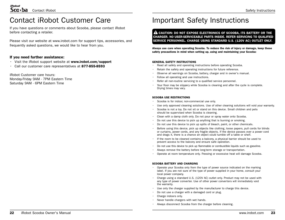 Important safety instructions, Contact irobot customer care, If you need further assistance | iRobot Scooba 390 Series User Manual | Page 27 / 28