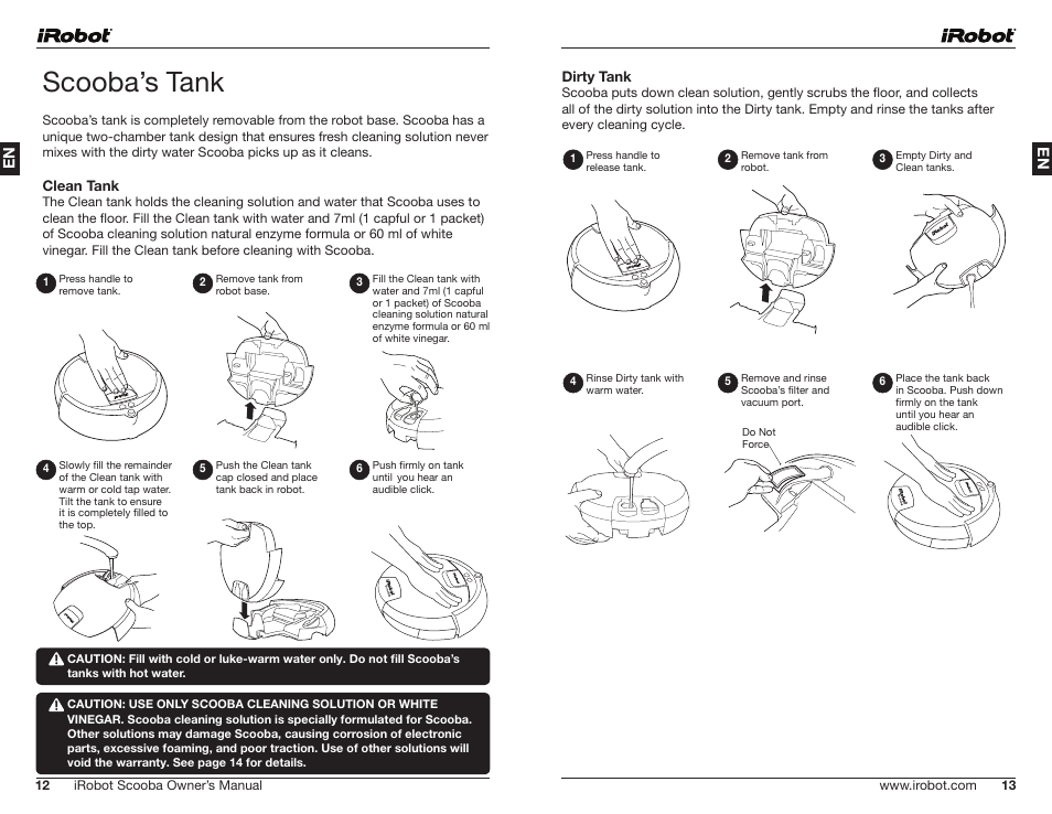 Scooba’s tank, Clean tank, Dirty tank | iRobot Scooba 390 Series User Manual | Page 7 / 28