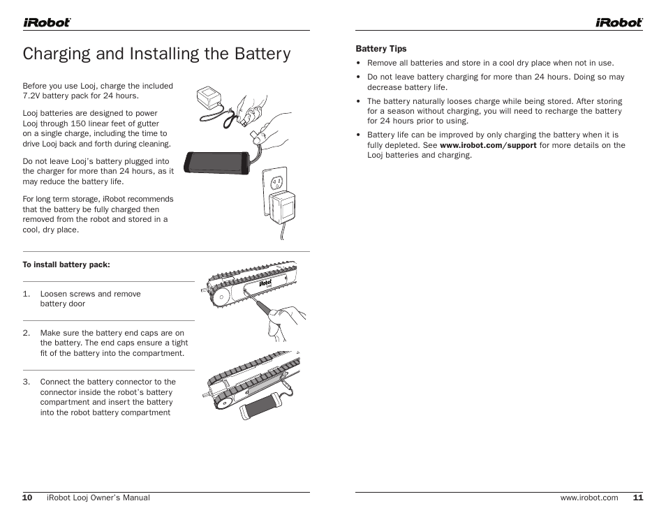 Charging and installing the battery | iRobot Looj User Manual | Page 6 / 13