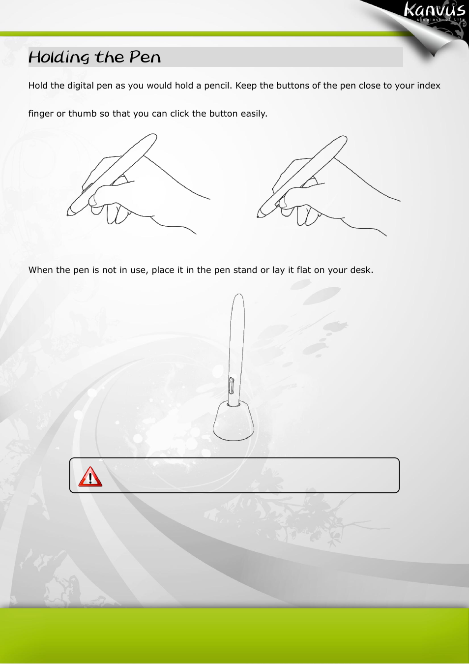 Holding the pen | KWorld Kanvus Artist 127 User Manual | Page 39 / 82