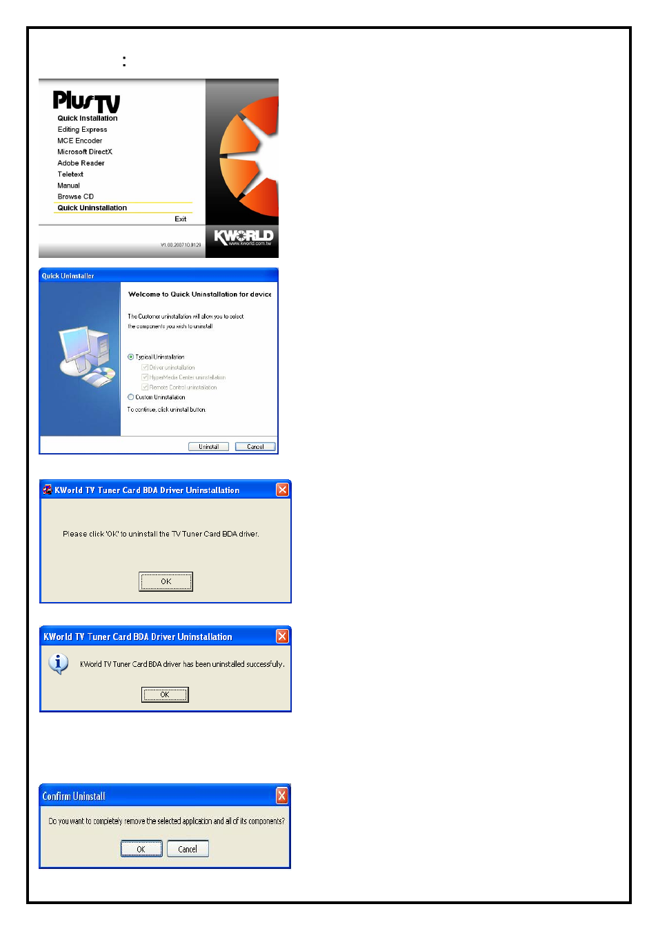 Chapter 3：dvb-t 210 quick uninstallation, 1 the driver uninstallation of dvb-t 210, 2 hypermedia application uninstallation | Chapter 3 : dvb-t 210 quick uninstallation, Chapter 3 ： dvb-t 210 quick u, Ninstallation | KWorld DVB-T 210SE User Manual | Page 6 / 9