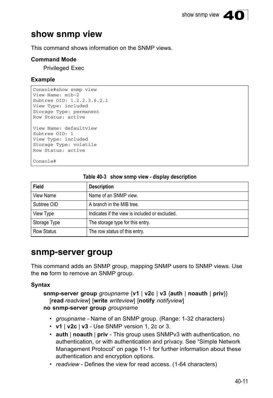 Show snmp view, Snmp-server group, Table 40-3 | Show snmp view - display description | Accton Technology Direk Tronik ES4524D User Manual | Page 347 / 588